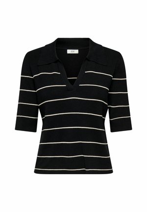 Black short-sleeve knit top with white horizontal stripes, deep V-neck, and folded collar.