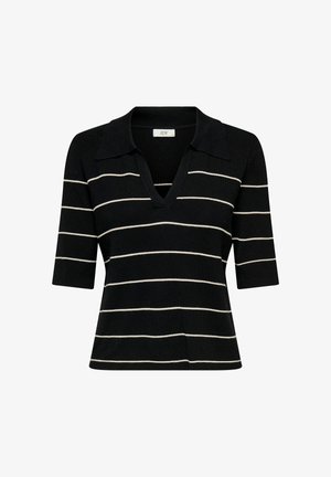 Melnas krāsas īsām piedurknēm adīta blūze ar baltām horizontālām svītrām, dziļs V veida kakls un salocīta apkakle.