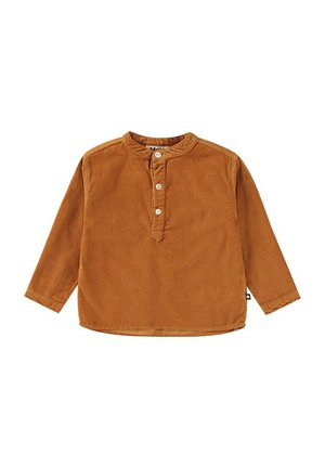 Camicia a maniche lunghe in corduroy marrone con colletto mandarino rotondo, tre bottoni frontali e orlo diritto. Texture morbida con sottili costine.
