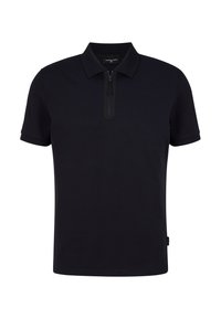 Granatowa koszulka polo z krótkim zamkiem przy kołnierzyku, krótkimi rękawami oraz gładkim, elastycznym materiałem zapewniającym komfort i swobodę ruchów.