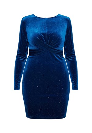 Sügavsinine sametkleit pikkaeeste varrukatega, millel on keerutatud esiosa disain ja laiali puistatud sädelevad aktsendid, mis annavad tekstuuri.