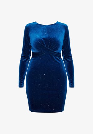 Sügavsinine sametkleit pikkaeeste varrukatega, millel on keerutatud esiosa disain ja laiali puistatud sädelevad aktsendid, mis annavad tekstuuri.