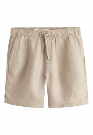 Beige Leinen-Shorts mit elastischem Bund, verstellbarem Kordelzug und Seitentaschen, geeignet für den Freizeitgebrauch.
