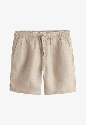 Beige Leinen-Shorts mit elastischem Bund, verstellbarem Kordelzug und Seitentaschen, geeignet für den Freizeitgebrauch.