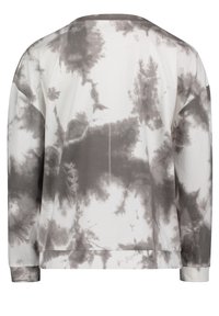 Sudadera de manga larga en blanco con patrón de tie-dye en gris, que presenta un escote ancho y puños acanalados. Tejido suave y texturizado.
