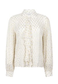 White blouse with long sleeves, gold polka dots, a pointed collar, and a central ruffled trim on the front.