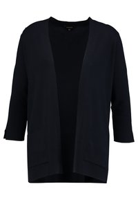 Cardigan azul marino con apertura frontal, mangas de tres cuartos y dos bolsillos frontales. Fabricado en un tejido suave y texturizado. Diseño simple y versátil.