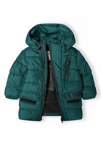 Giacca puffer teal con cappuccio, dotata di zip frontale e tasche con velcro. Tessitura trapuntata e un'etichetta con "M7/1997" sulla tasca sinistra.