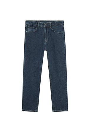 Jean en denim bleu foncé avec une coupe droite, poches avant et fermeture à bouton à la taille. Présente une décoloration minimale et des détails de couture.