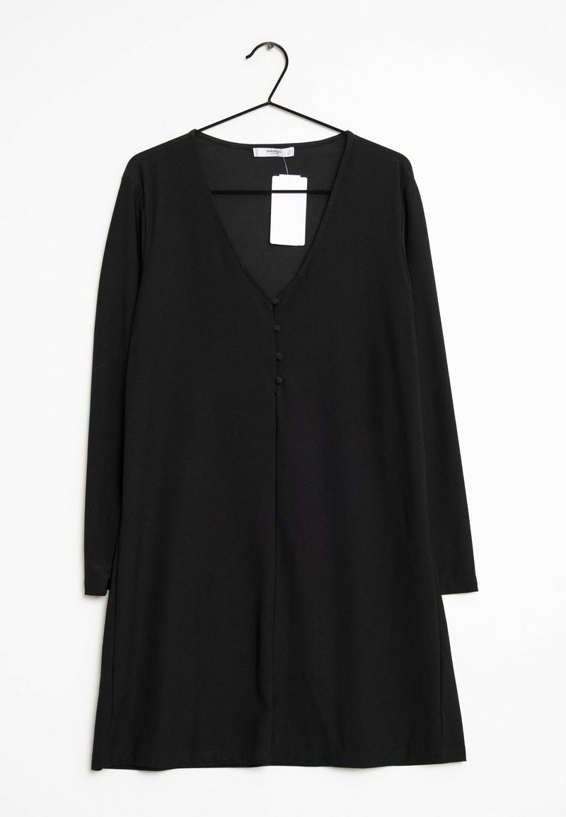 Robe noire à manches longues avec un décolleté en V profond, dotée d'une fermeture à boutons et d'une étiquette. Fabriquée dans un tissu lisse, avec une coupe décontractée.