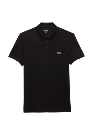 Camisa polo negra de algodón, con collar clásico y mangas cortas. Incluye un pequeño logo de cocodrilo blanco de Lacoste en el pecho.