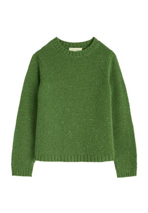 Pull en tricot vert en fil texturé avec un col ras du cou et des poignets côtelés. Design simple et ajusté avec des détails subtilement mouchetés.