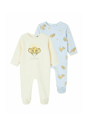 Two baby onesies: one cream with a Simba graphic and text, the other light blue with Simba patterns. Both have long sleeves and leg openings.