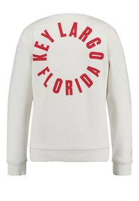 Sweatshirt bianco con testo rosso in grassetto che riporta "KEY LARGO FLORIDA" in un design circolare sul retro. Polsini e orlo a coste.