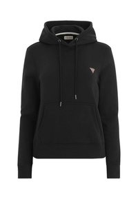 Sudadera negra de algodón, con un bolsillo canguro en la parte frontal, capucha con cordón y un pequeño logo rojo en forma de triángulo en el pecho.