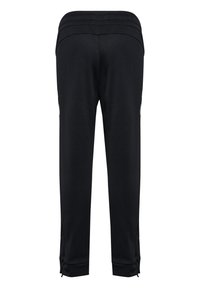 Schwarze Sporthose mit geripptem Bund, elastischen Bündchen und glatter Stoffoberfläche. Mit seitlichen Taschen und einem schlanken Design.