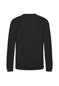 Felpa nera a maniche lunghe realizzata in tessuto morbido, con colletto rotondo, polsini a coste e schiena semplice senza elementi di design.