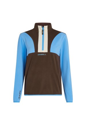 Fleece pullover met een halve ritssluiting. Beschikt over bruine, lichtblauwe en crèmekleurige panelen. Logo op de borst en merkdetails op de mouwen.