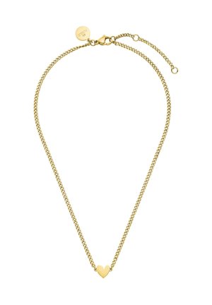 Goldene Halskette mit kleinem goldenen Herzanhänger und Karabinerverschluss mit verstellbaren Gliedern und einem runden Anhänger in der Nähe des Verschlusses.
