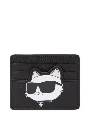 Black leather cardholder with embossed cat design wearing sunglasses. Features slots for cards and a textured surface.