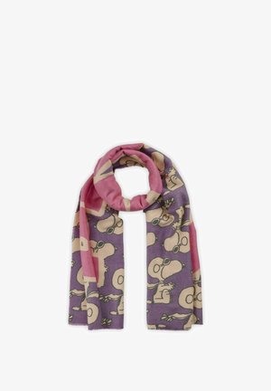 Purple and pink scarf featuring a cartoon character in sunglasses, made of soft fabric with a fringed edge and playful design.