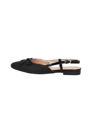 Black slingback shoe with a textured upper, featuring a bow accent. Slim strap with a buckle, low flat heel, and smooth inner lining.