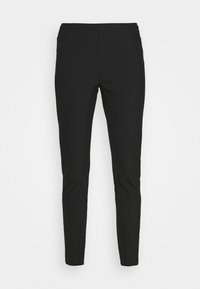 Mustat slim-fit-housut, jotka on valmistettu joustavasta kankaasta ja joissa on sileä pinta, ei näkyviä kiinnityksiä ja sivutaskut.