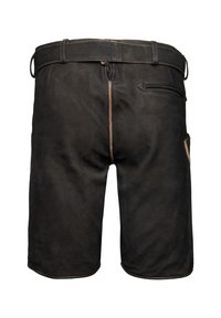 Shorts en cuir noir avec une texture lisse, des coutures contrastées, des passants de ceinture et une petite poche arrière sur le côté droit.
