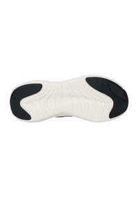 Suela de zapato con base blanca y acentos de goma negra. Presenta patrones texturizados para agarre y una forma curva para soporte del pie.