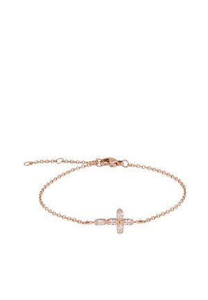Delicate rose gold chain bracelet with a horizontal cross centerpiece made of five marquise-cut clear gemstones.