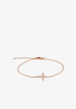Delikat armbånd i rosaguld med en vandret korsfigur i midten bestående af fem marcibe-cut klare ædelsten.