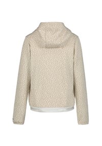Veste à capuche beige avec un motif texturé, dotée de manches longues et d'un ourlet blanc. Le design est décontracté avec une coupe ample.