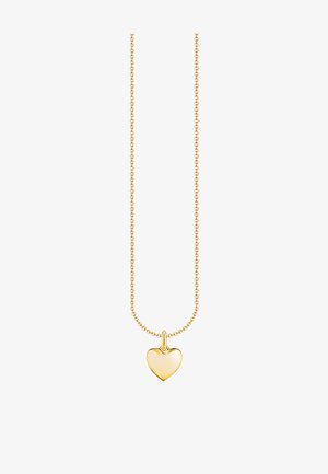 Goldkette mit herzförmigem Anhänger, glatter Textur, glänzendem Finish und zarten Perlenverbindungen. Der Anhänger hängt zentral.