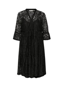 Black lace dress featuring a V-neck, three-quarter flared sleeves, and tiered ruffle hem. Intricate patterns throughout the fabric.