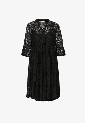 Robe en dentelle noire avec un décolleté en V, des manches évasées à trois-quarts et un ourlet à volants en couches. Motifs délicats sur tout le tissu.