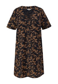 Vestido de manga corta en tejido negro con un patrón de hojas doradas, escote redondeado y un diseño de corte relajado.