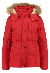 Veste d'hiver rembourrée rouge avec capuche amovible en fausse fourrure, col montant, boutons-pression et deux poches avant.