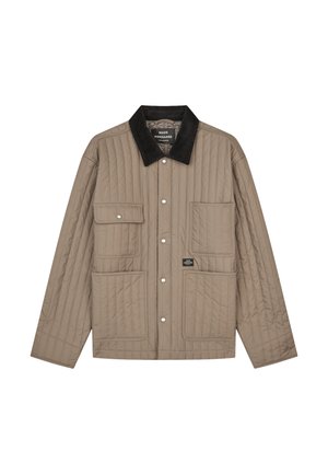 Beige tikattu takki mustalla kauluksella, nepparikiinnitys ja neljä etutaskua, joista yhdessä on läppä ja nappikoriste.