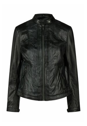 Schwarze Lederjacke mit Frontreißverschluss, zwei seitlichen Reißverschlusstaschen, einem Kragen mit Druckknopf und langen Ärmeln.