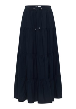 Zwarte gelaagde maxi rok met elastische tailleband en trekkoord, met geplooide stofgedeelten voor extra volume.