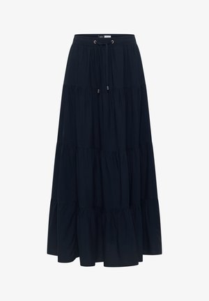 Sort lagdelt maxinederdel med elastisk talje og snor, med opsamlet stof for ekstra volumen.
