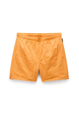 Costumi da bagno arancioni con vita elasticizzata, superficie testurizzata, tasche laterali e un sottile motivo floreale. Logo del marchio sull'orlo.