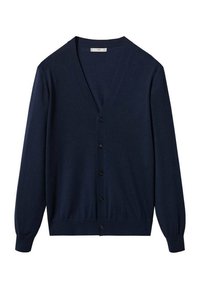 Cardigan bleu marine en tissu doux, avec un col en V, des manches longues et six boutons noirs sur le devant.