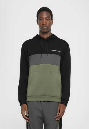 Hooded sweatshirt featuring a black top, gray middle, and olive green bottom. Made of soft material with a front pocket and logo detail.