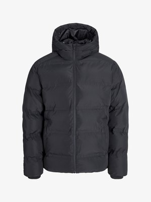 Svart polstret jakke med hette, med glidelås foran, elastiske mansjetter og en glatt, vannavvisende overflate.