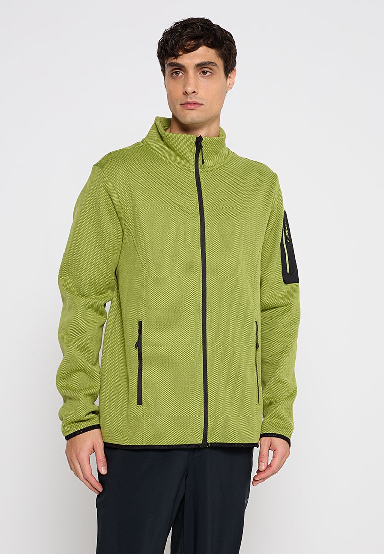 Grüne Zip-Jacke mit Netzstruktur, hohem Kragen und schwarzen Reißverschlüssen. Verfügt über eine Brusttasche mit Reißverschluss und Seitentaschen.