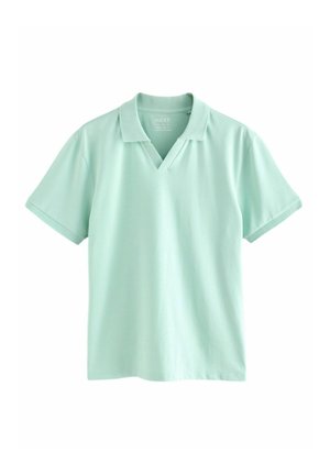 Jasno miętowa koszulka polo wykonana z bawełny, z dekoltem w kształcie litery V i krótkimi rękawami. Gładka tekstura z klasycznym krojem i bez widocznych wzorów.