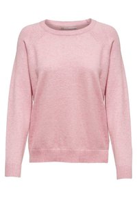 Jasnoróżowy sweter z okrągłym dekoltem, długimi rękawami oraz ribbowymi mankietami i dołem. Miękka tekstura i lekko zróżnicowane odcienie w całej powierzchni.