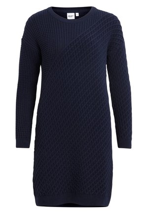 Marineblaues langärmeliges Strickkleid mit strukturierten diagonalen und Waffelstrickmustern, Rundhalsausschnitt sowie gerippten Bündchen und Saum.