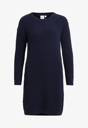 Vestido jersey de punto azul marino con mangas largas, con patrones texturizados diagonales y de punto waffle, cuello redondo y puños y dobladillo acanalados.